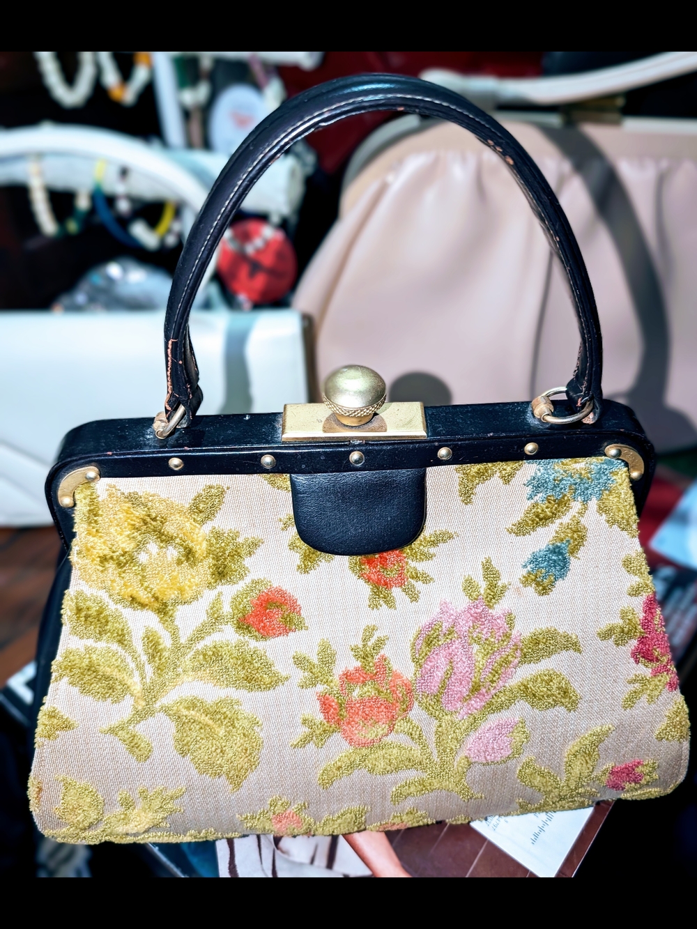 Vintage Saks Fifth Avenue Floral Tapestry Shoulder Bag with Black Trim